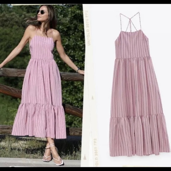 💗SALE💗 Zara Pink Striped Strappy Maxi Poplin Dress - Picture 9 of 17